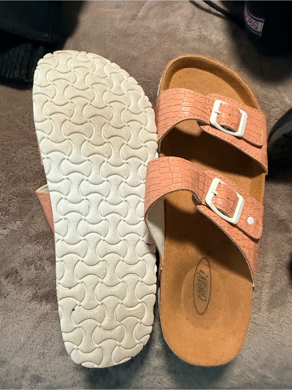 Double-Buckle Slide Sandals in Peach Pink
